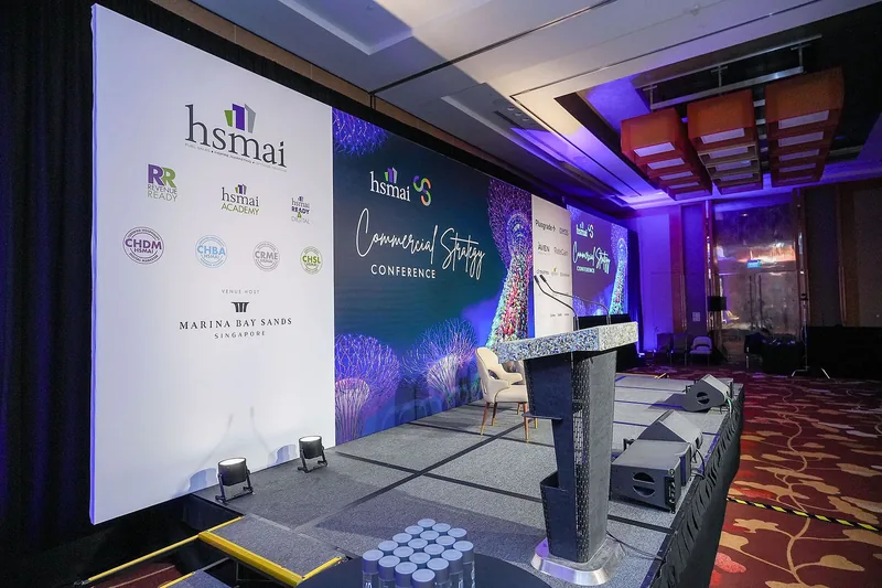 LED main stage in a Marina Bay Sands ballroom, HSMAI Commercial Strategy Conference