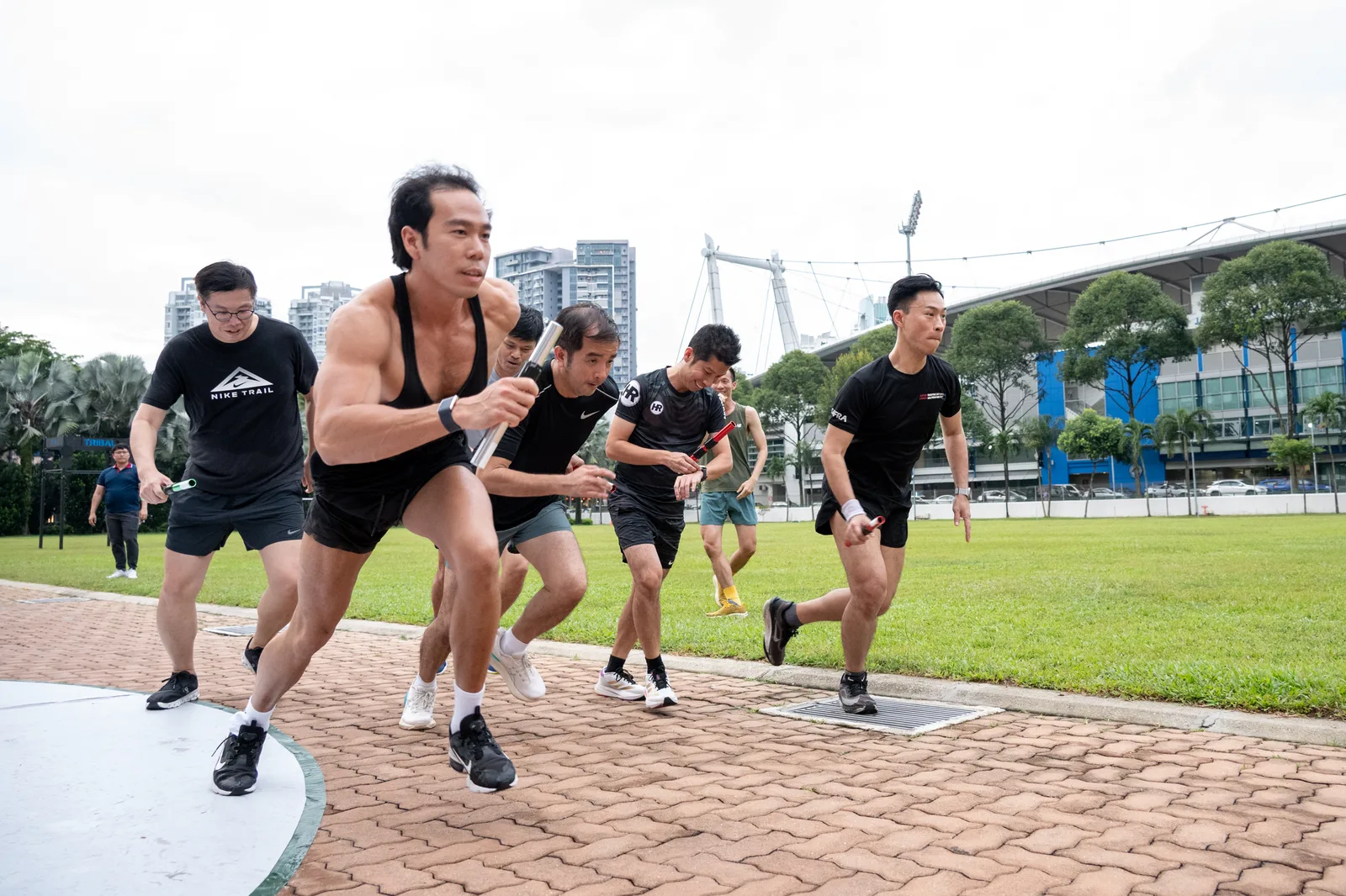 Participants in motion during a community fitness event